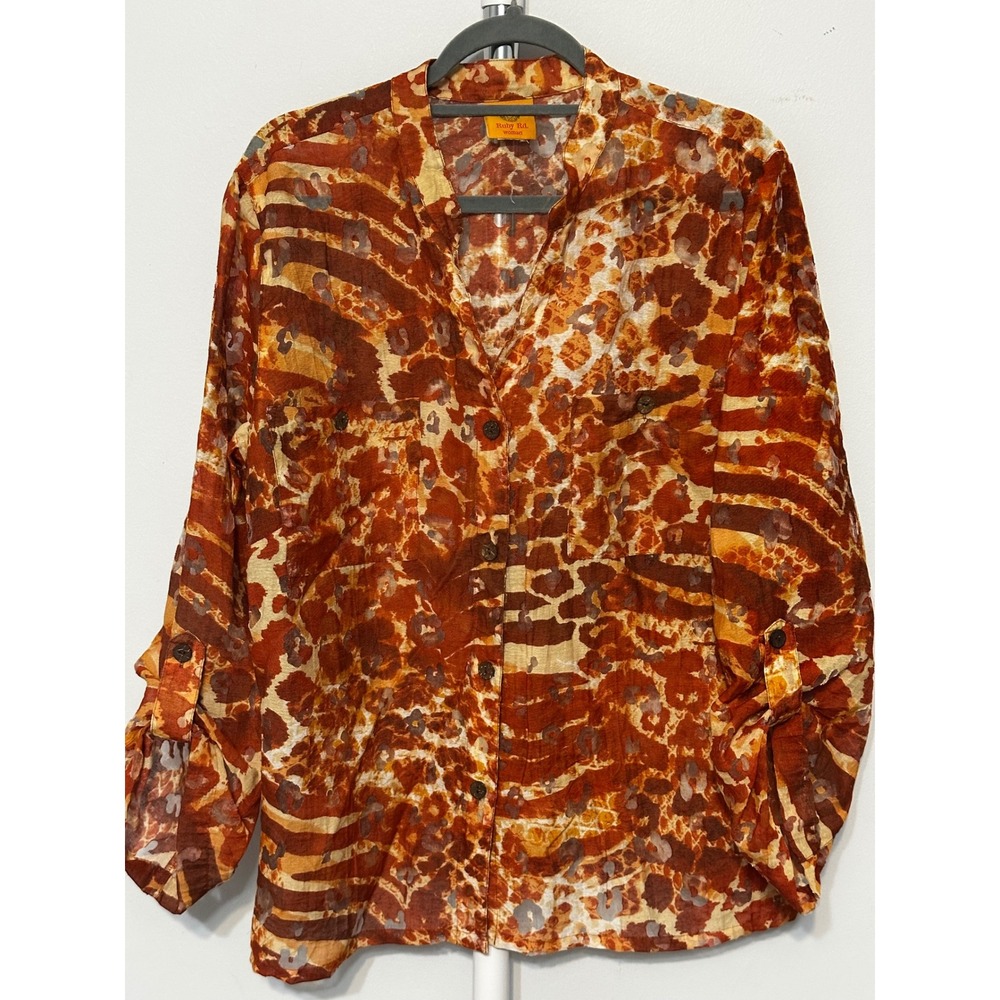 Ruby Rd Woman Orange Brown Animal Print Burnout Button Down Blouse Top 1X